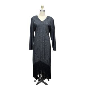Vintage Barone Black Crinkle Crepe Goth Witchy Fringe Hem Dress Plus Sz 18